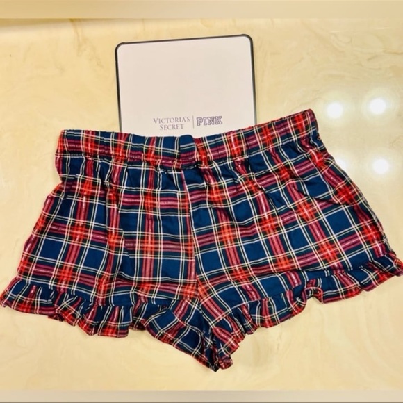 PINK VICTORIA'S SECRET Flannel Pajama Shorts Navy, Red & Silver Plaid Preppy XL - Picture 10 of 13